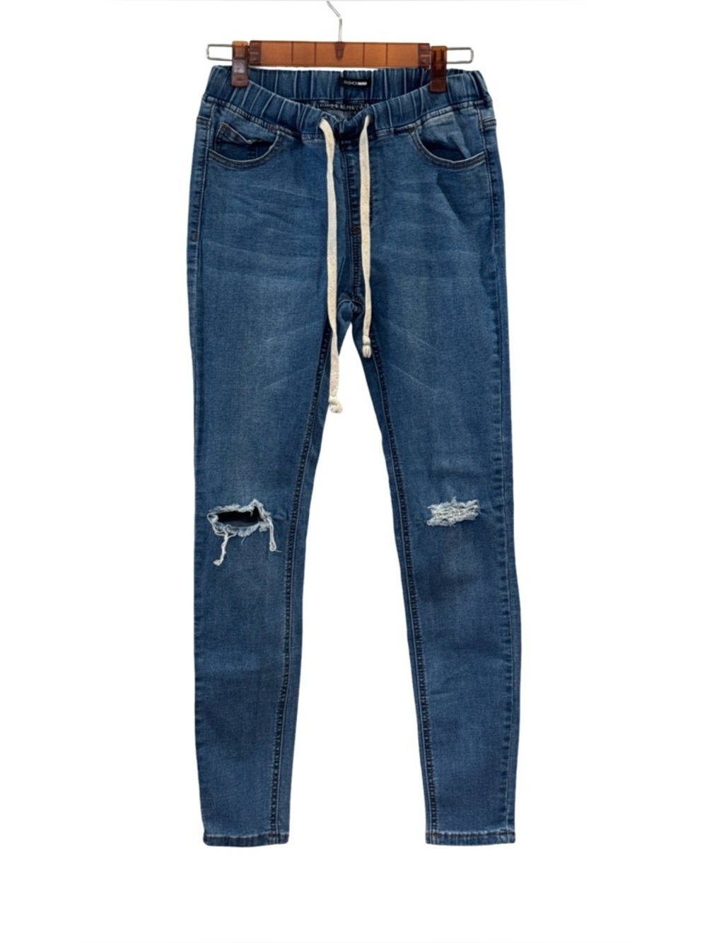 Fashion Nova Blue Drawstring Ripped Skinny Jeans